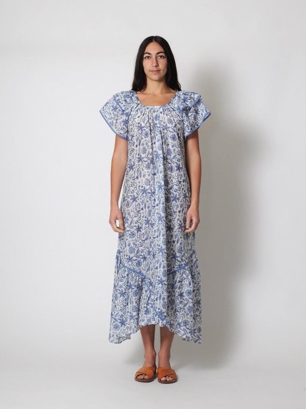 Mirth Lightweight Cotton/Silk Light Blue Floral Maxi
Dress with Ruffle Yoke